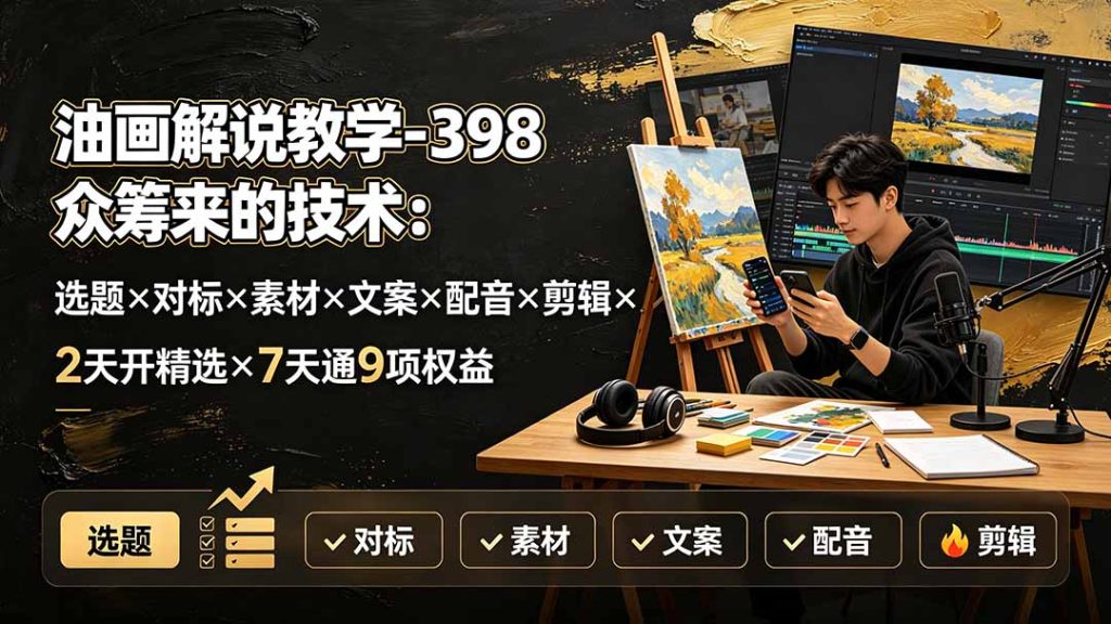 油画解说教学-398众筹来的技术：选题×对标×素材×文案×配音×剪辑×2天开精选×7天通9项权益-副业网创