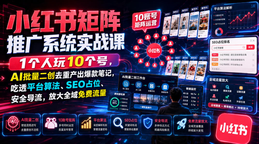 小红书矩阵推广系统实战课|1个人玩10个号,AI批量二创去重产出爆款笔记,吃透平台算法、SEO占位、安全导流,放大全域免费流量-副业网创