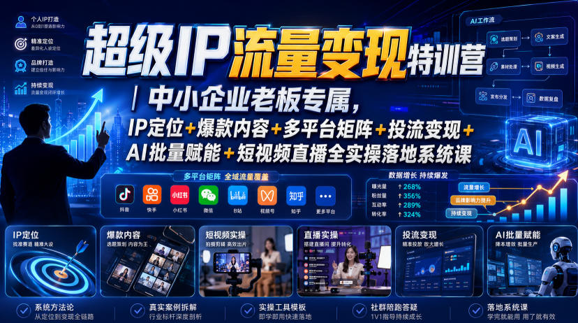 超级IP流量变现特训营｜中小企业老板专属，IP定位+爆款内容+多平台矩阵+投流变现+AI批量赋能+短视频直播全实操落地系统课-副业网创