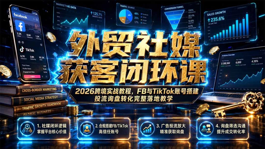 外贸社媒获客闭环课｜2026跨境实战教程，FB与TikTok账号搭建投流询盘转化完整落地教学-副业网创