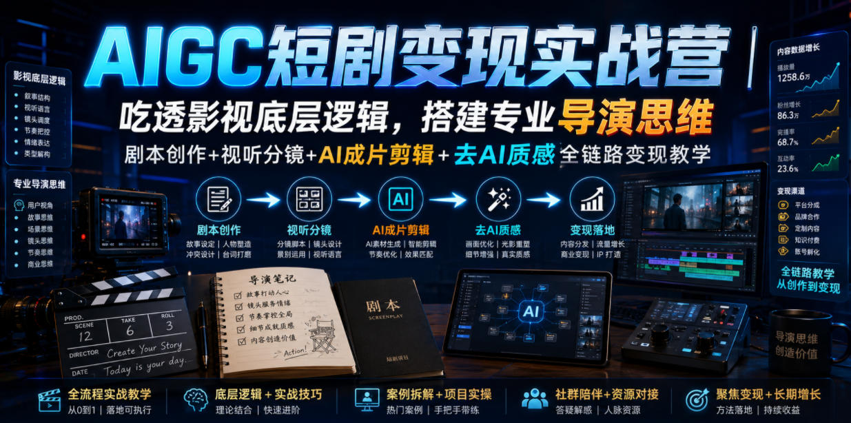 AIGC短剧变现实战营|吃透影视底层逻辑,搭建专业导演思维,剧本创作+视听分镜+AI成片剪辑+去AI质感全链路变现教学-副业网创