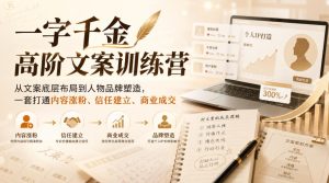 一字千金高阶文案训练营，从文案底层布局到人物品牌塑造，一套打通内容涨粉、信任建立、商业成交-副业网创