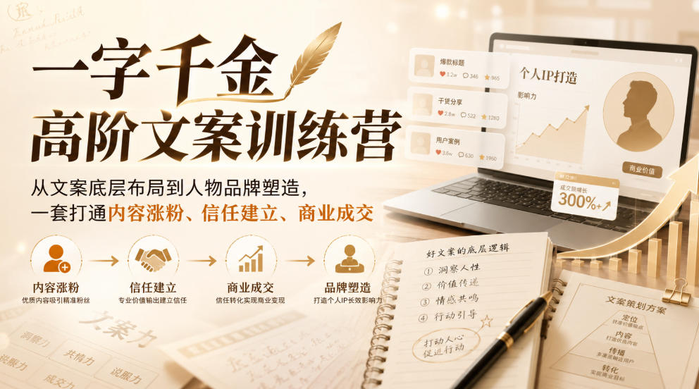 一字千金高阶文案训练营，从文案底层布局到人物品牌塑造，一套打通内容涨粉、信任建立、商业成交-副业网创