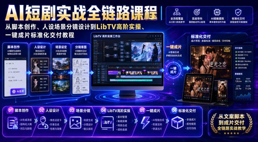 AI短剧实战全链路课程|从脚本创作、人设场景分镜设计到LibTV高阶实操、一键成片标准化交付教程-副业网创