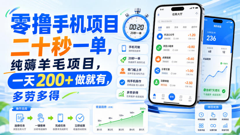 零撸手机项目，二十秒一单，纯薅羊毛项目，一天200+做就有，多劳多得【揭秘】-副业网创