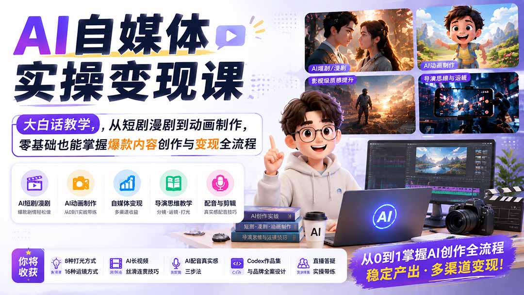 AI自媒体实操变现课｜大白话教学，从短剧漫剧到动画制作，零基础也能掌握爆款内容创作与变现全流程-副业网创