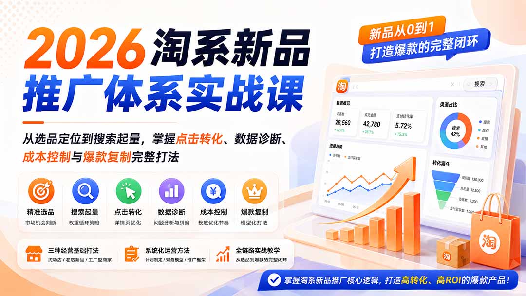 2026淘系新品推广体系实战课：从选品定位到搜索起量，掌握点击转化、数据诊断、成本控制与爆款复制完整打法-副业网创