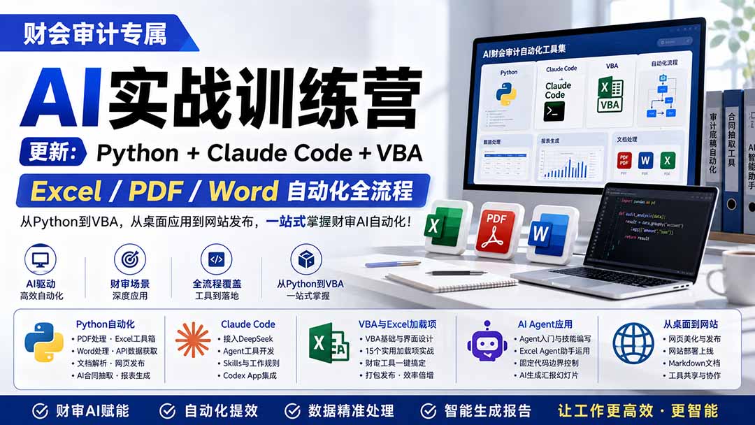 财会审计专属 AI实战训练营：Python+Claude Code+VBA，Excel/PDF/Word自动化全流程 (更新-副业网创