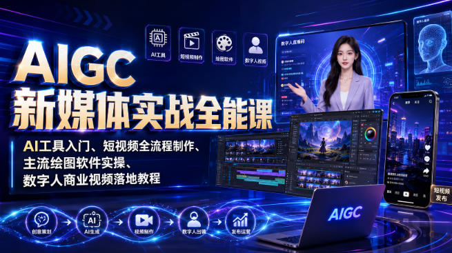 AIGC新媒体实战全能课｜AI工具入门、短视频全流程制作、主流绘图软件实操、数字人商业视频落地教程-副业网创