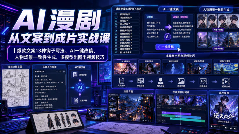 AI漫剧从文案到成片实战课｜爆款文案13种钩子写法、AI一键改稿、人物场景一致性生成、多模型出图出视频技巧-副业网创