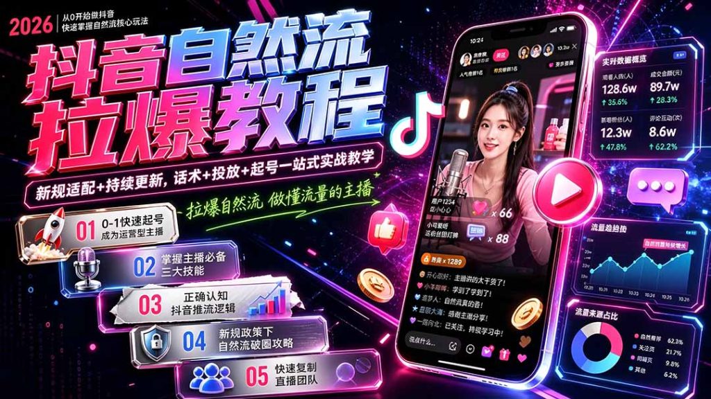 抖音自然流拉爆教程-更新7月：做懂流量的主播，新规适配+持续更新，话术+投放+起号一站式实战教学-副业网创