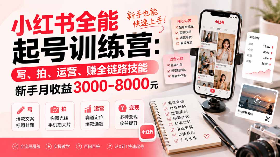 小红书全能起号训练营-更新:写、拍、运营、赚全链路技能,新手月收益3000-8000元-副业网创