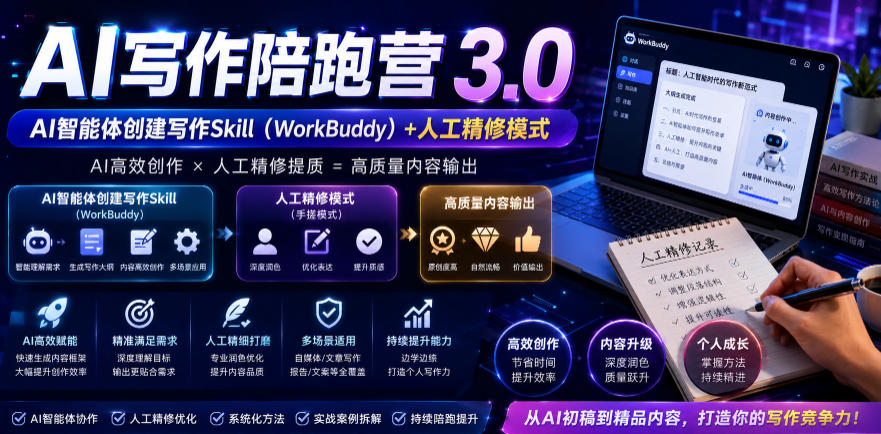 AI写作陪跑营3.0，Ai智能体创建写作skill(workbuddy)+人工手写模式(手搓模式)，去除AI痕迹(头条号、公众号、百家号)(更新0806)-副业网创