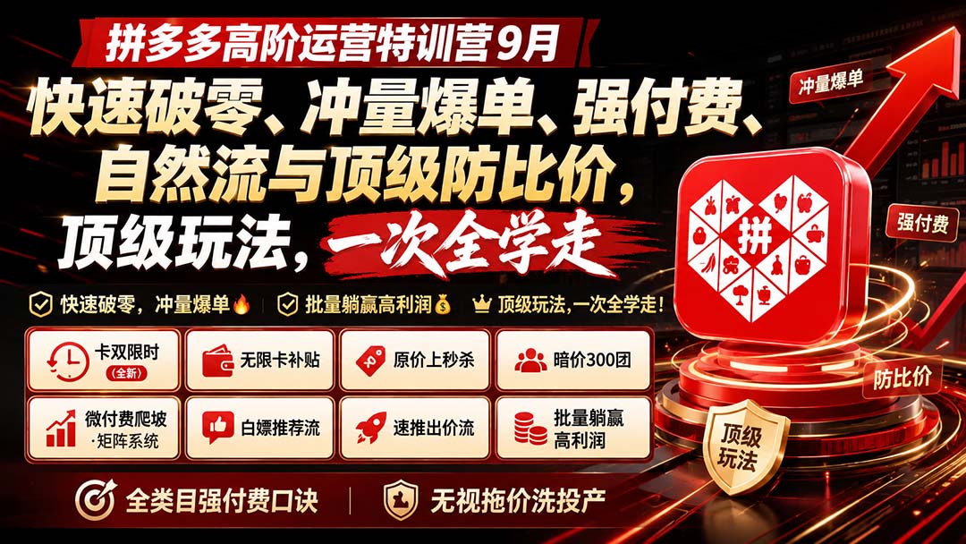 拼多多高阶运营特训营9月：快速破零、冲量爆单、强付费、自然流与顶级防比价， 顶级玩法，一次全学走-副业网创