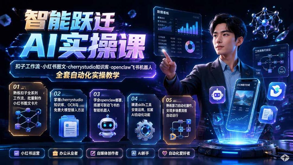 智能跃迁 AI实操课|扣子工作流小红书图文搭建,cherrystudio知识库openclaw飞书机器人全套自动化实操教学-副业网创