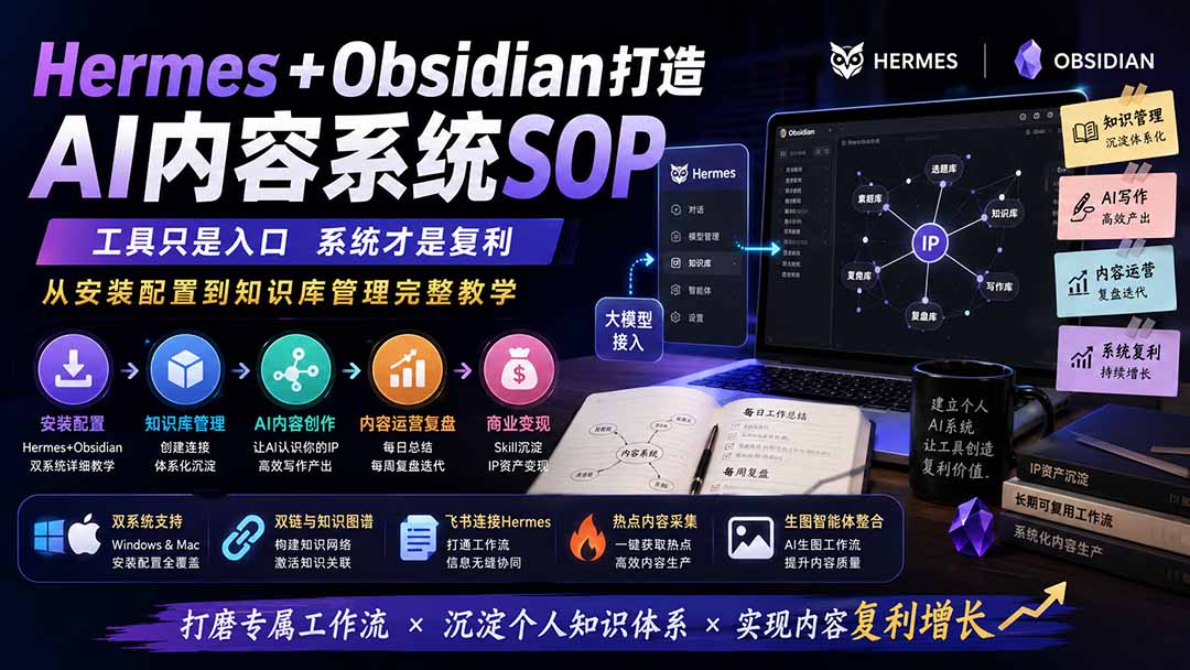 Hermes+Obsidian打造AI内容系统SOP；工具只是入口系统才是复利，从安装配置到知识库管理完整教学-副业网创