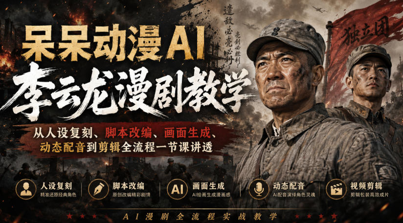 呆呆动漫AI李云龙漫剧教学，从人设复刻、脚本改编、画面生成、动态配音到剪辑全流程一节课讲透-副业网创