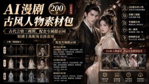 AI漫剧古风人物素材包+提示词｜200 套古代言情三视图，配套专属提示词短剧主角配角直接套用-副业网创