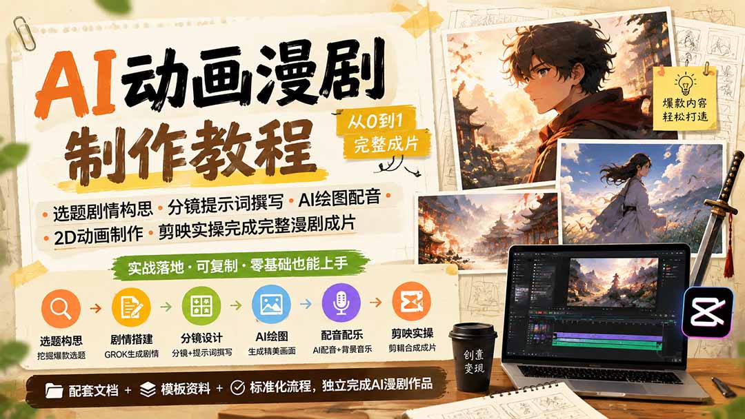 AI动画漫剧制作教程｜选题剧情构思·分镜提示词撰写·AI绘图配音·2D动画制作·剪映实操完成完整漫剧成片-副业网创