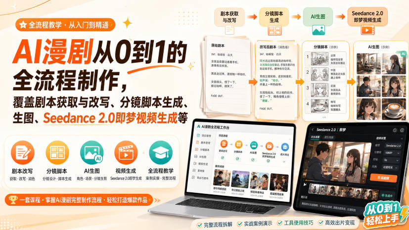 AI漫剧从0到1的全流程制作,覆盖剧本获取与改写、分镜脚本生成、角色场景生图与三视图、Seedance 2.0即梦视频生成(PDF版)-副业网创