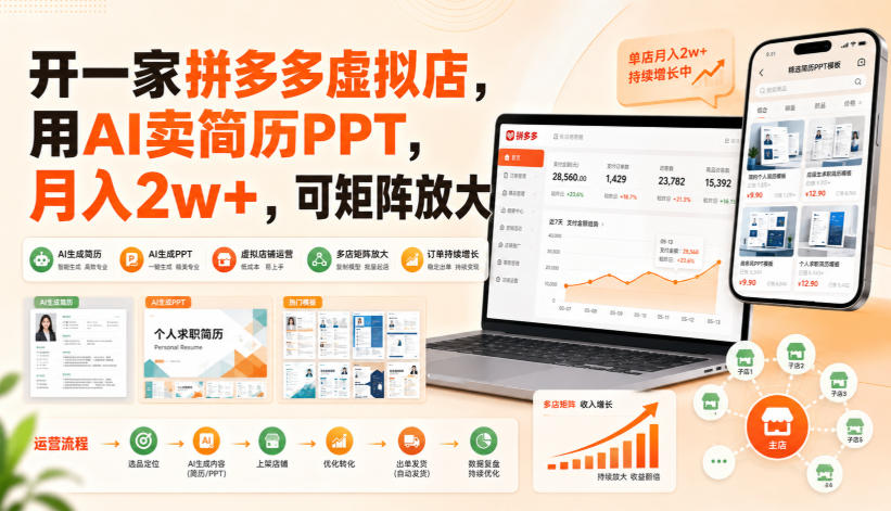 开一家拼多多虚拟店,用AI卖简历PPT,月入2w+,可矩阵放大【揭秘】-副业网创