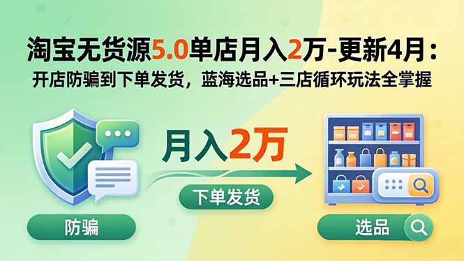 淘宝无货源5.0单店月入2万-更新2026：开店防骗到下单发货，蓝海选品+三店循环玩法全掌握-副业网创