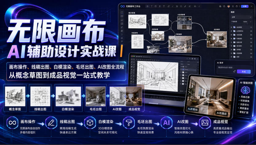 无限画布AI辅助设计实战课｜画布操作、线稿出图、白模渲染、毛坯出图、AI改图全流程，从概念草图到成品视觉一站式教学-副业网创