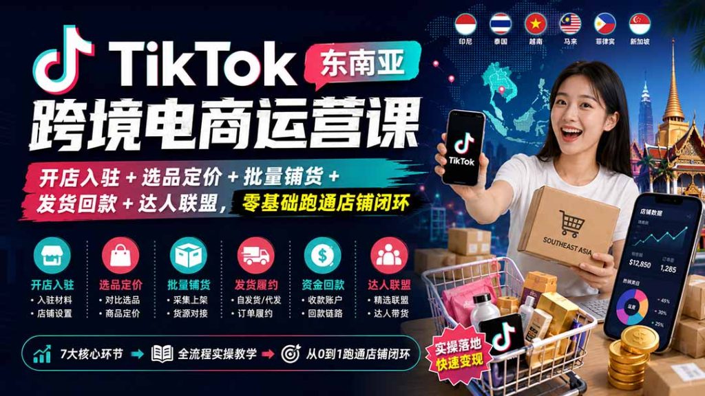 TikTok东南亚跨境电商运营课:开店入驻+选品定价+批量铺货+发货回款+达人联盟,零基础跑通店铺闭环-副业网创
