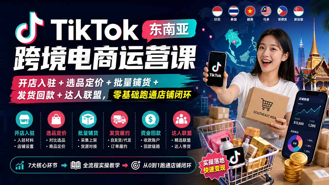 TikTok东南亚跨境电商运营课：开店入驻+选品定价+批量铺货+发货回款+达人联盟，零基础跑通店铺闭环-副业网创