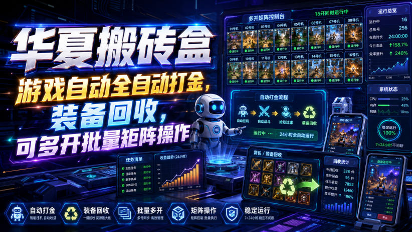 华夏搬砖盒,游戏自动全自动打金,装备回收,可多开批量矩阵操作-副业网创