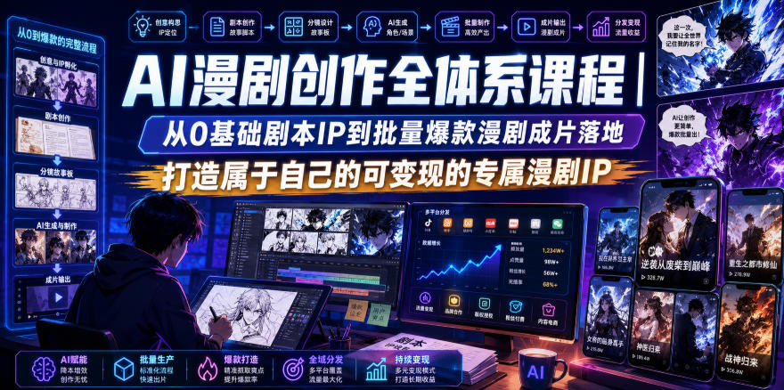AI漫剧创作全体系课程｜从0基础剧本IP到批量爆款漫剧成片落地，打造属于自己的可变现的专属漫剧IP-副业网创