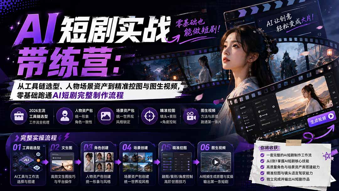 AI短剧实战训练营：从工具链选型、人物场景资产到精准控图与图生视频，零基础跑通AI短剧完整制作流程-副业网创