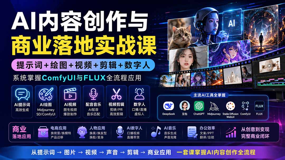 AI内容创作与商业落地实战课：提示词+绘图+视频+剪辑+数字人，系统掌握ComfyUI与FLUX全流程应用-副业网创