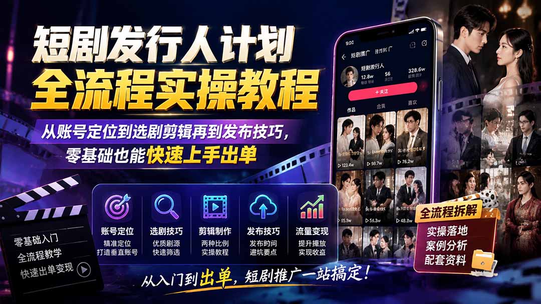 短剧发行人计划全流程实操教程；从账号定位到选剧剪辑再到发布技巧，零基础也能快速上手出单-副业网创