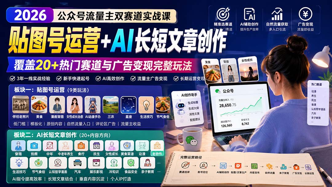 公众号流量主双赛道实战课：贴图号运营+AI长短文章创作，覆盖20+热门赛道与广告变现完整玩法-副业网创