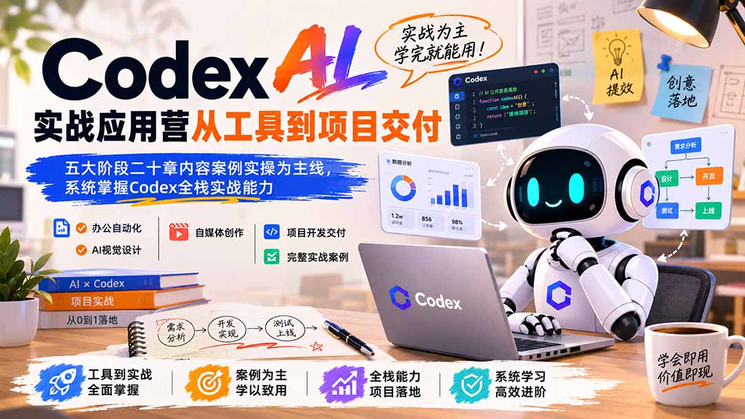 Codex AI实战应用营从工具到项目交付；五大阶段二十章内容案例实操为主线，系统掌握Codex全栈实战能力-副业网创