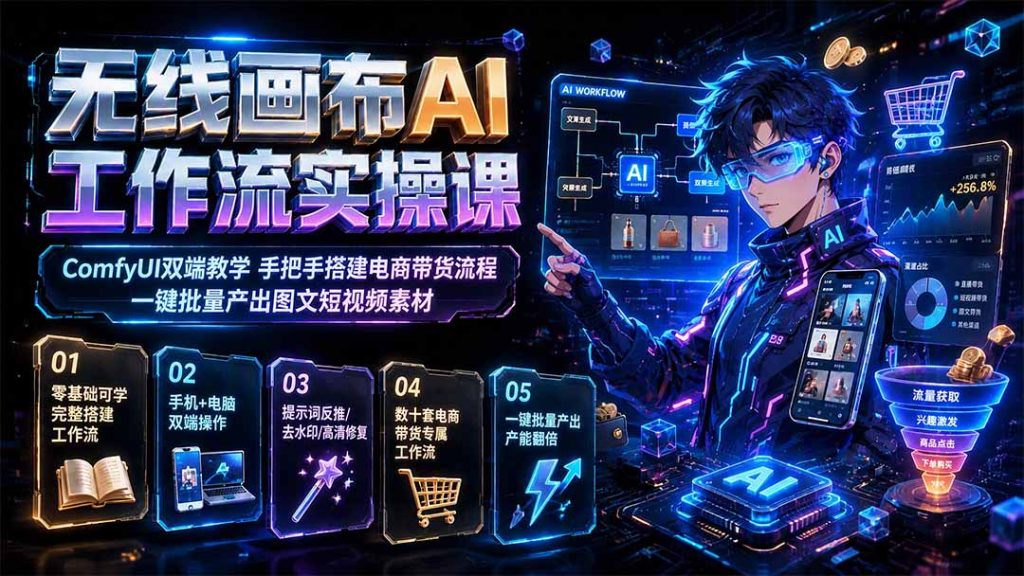 无线画布AI工作流实操课|ComfyUI双端教学,手把手搭建电商带货流程,一键批量产出图文短视频素材-副业网创