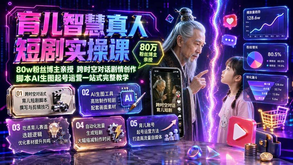 育儿智慧真人短剧实操课｜80w粉丝博主亲授，跨时空对话剧情创作，脚本AI生图起号运营一站式完整教学-副业网创