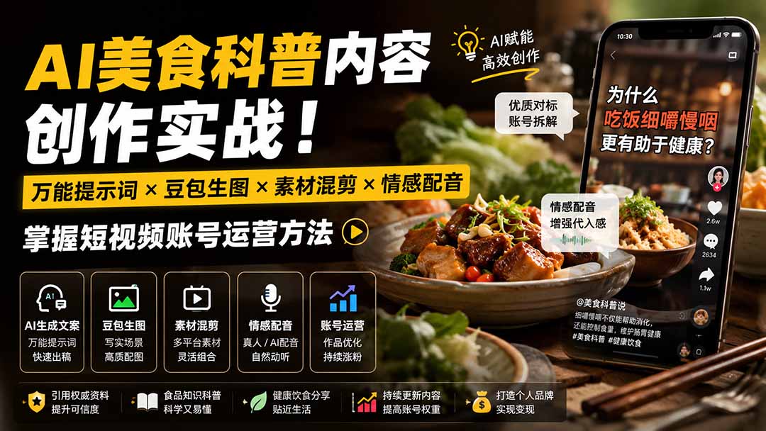 外面卖199元-AI美食科普内容创作实战！万能提示词×豆包生图×素材混剪×情感配音，掌握短视频账号运营方法-副业网创