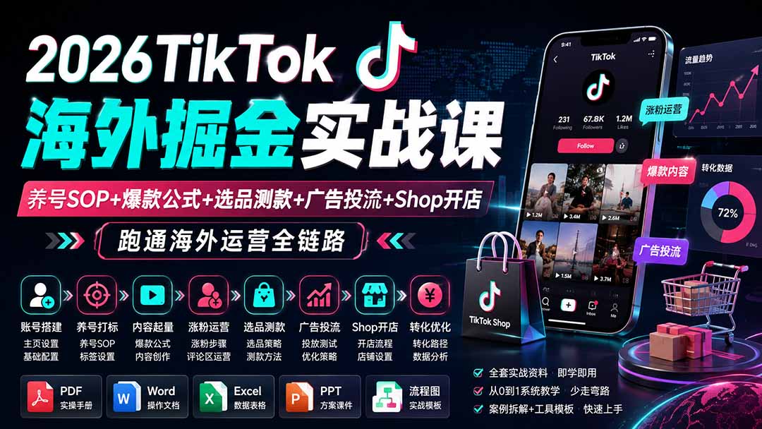 2026TikTok海外掘金实战课——养号SOP+爆款公式+选品测款+广告投流+Shop开店,跑通海外运营全链路-副业网创
