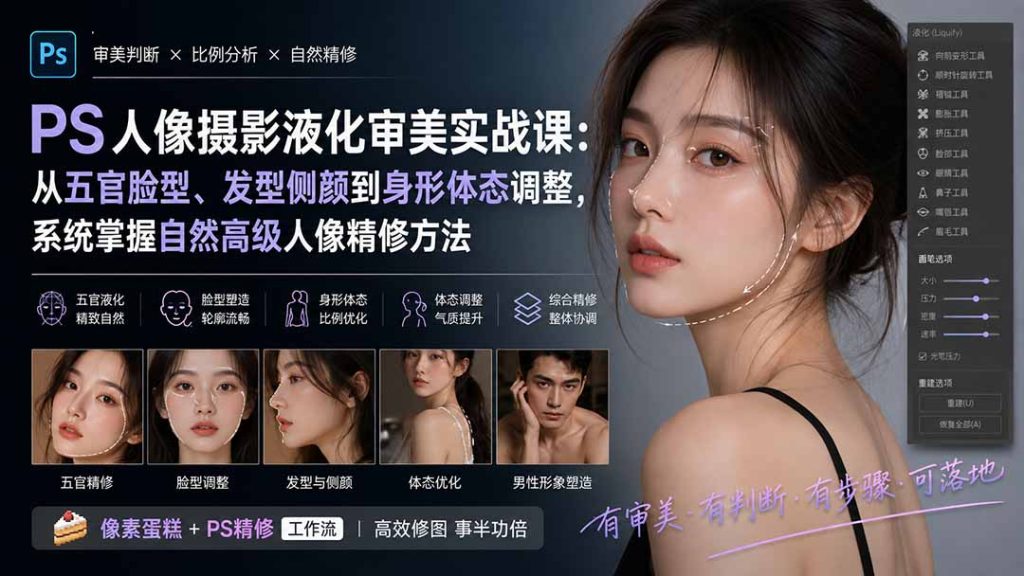 PS人像摄影液化审美实战课：从五官脸型、发型侧颜到身形体态调整，系统掌握自然高级人像精修方法-副业网创