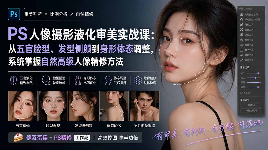 PS人像摄影液化审美实战课：从五官脸型、发型侧颜到身形体态调整，系统掌握自然高级人像精修方法-副业网创