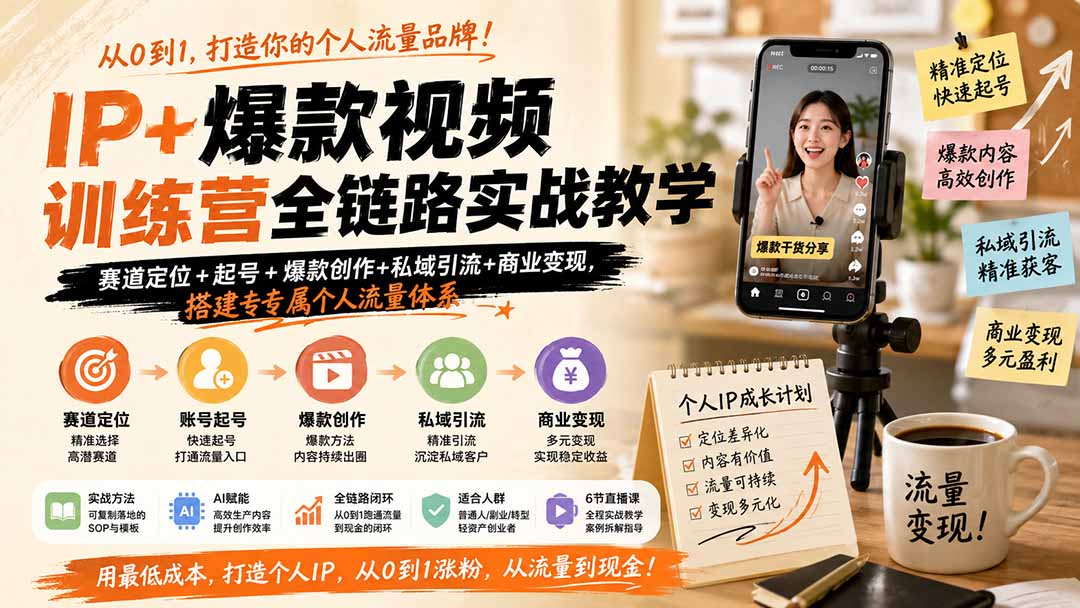 IP+爆款视频训练营全链路实战教学;赛道定位+起号+爆款创作+私域引流+商业变现,搭建专属个人流量体系-副业网创