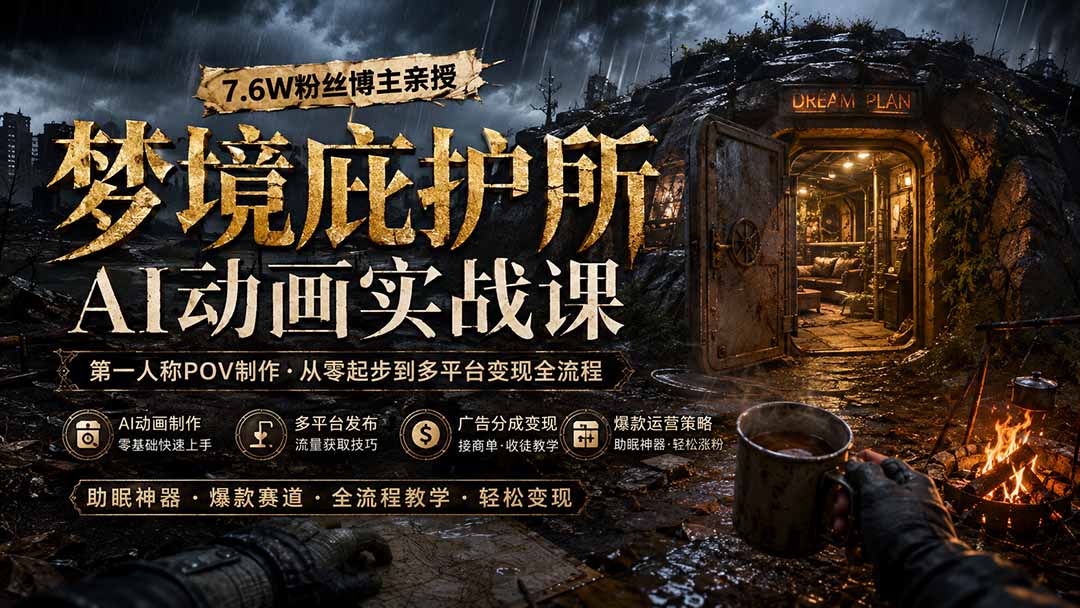 梦境庇护所AI动画实战课:7.6W粉丝博主亲授第一人称POV制作,从零起步到多平台发布变现全流程-副业网创