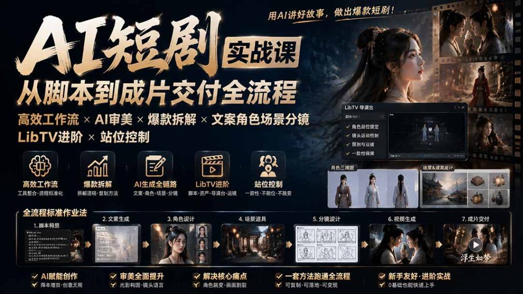 AI短剧实战课:高效工作流×AI审美×爆款拆解×文案角色场景分镜×LibTV进阶×站位控制×从脚本到成片交付全流程-副业网创