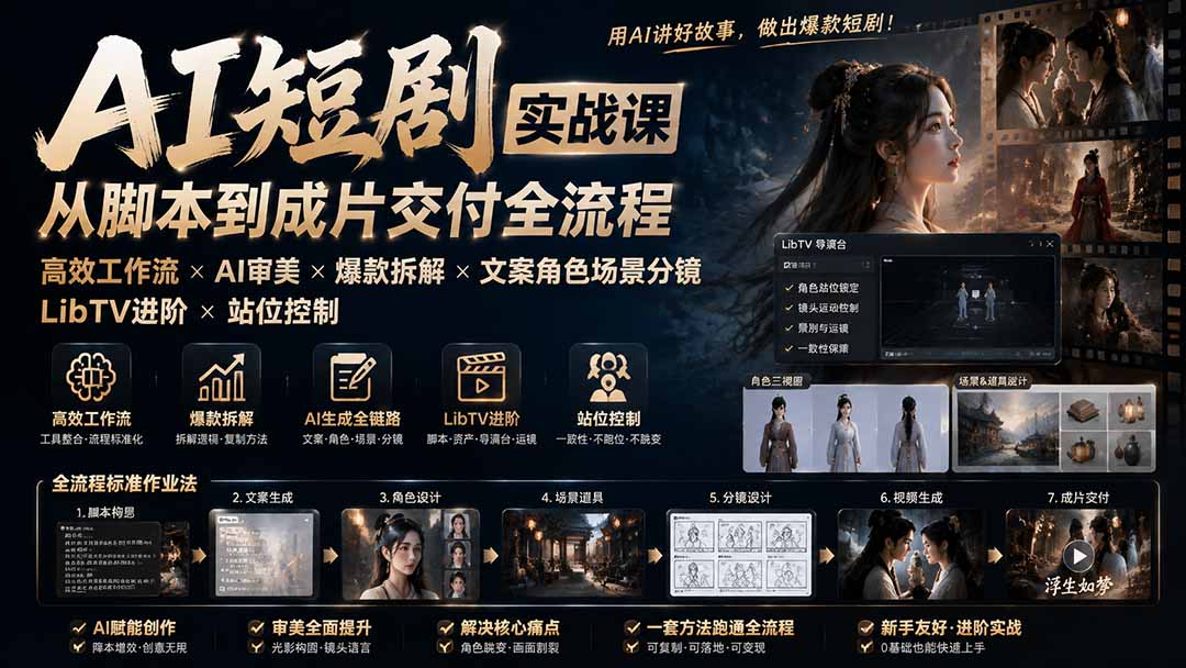 AI短剧实战课:高效工作流×AI审美×爆款拆解×文案角色场景分镜×LibTV进阶×站位控制×从脚本到成片交付全流程-副业网创