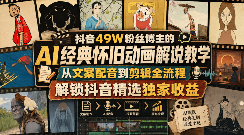 抖音49W粉丝博主的AI经典怀旧动画解说教学，从文案配音到剪辑全流程，解锁抖音精选独家收益-副业网创