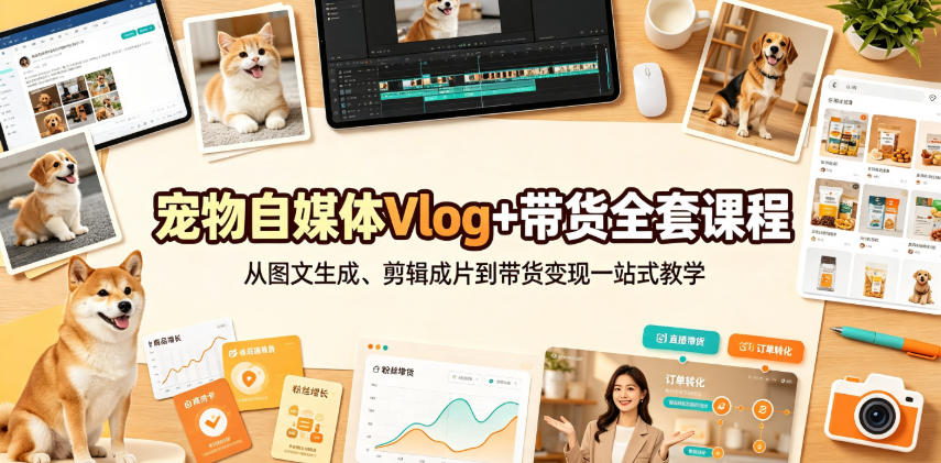 宠物自媒体Vlog+带货全套课程｜从图文生成、剪辑成片到带货变现一站式教学-副业网创