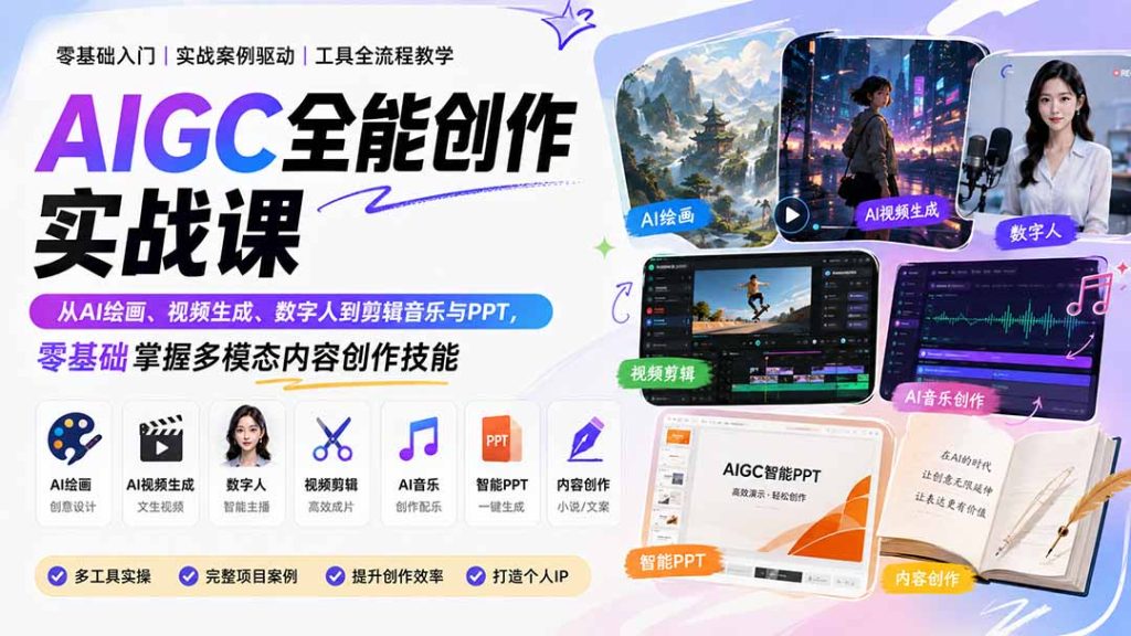 AIGC全能创作实战课：从AI绘画、视频生成、数字人到剪辑音乐与PPT，零基础掌握多模态内容创作技能-副业网创