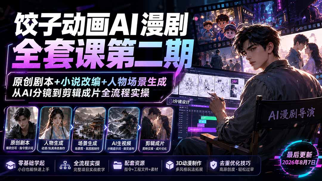 饺子动画AI漫剧全套课第二期:原创剧本+小说改编+人物场景生成,从AI分镜到剪辑成片全流程实操-副业网创